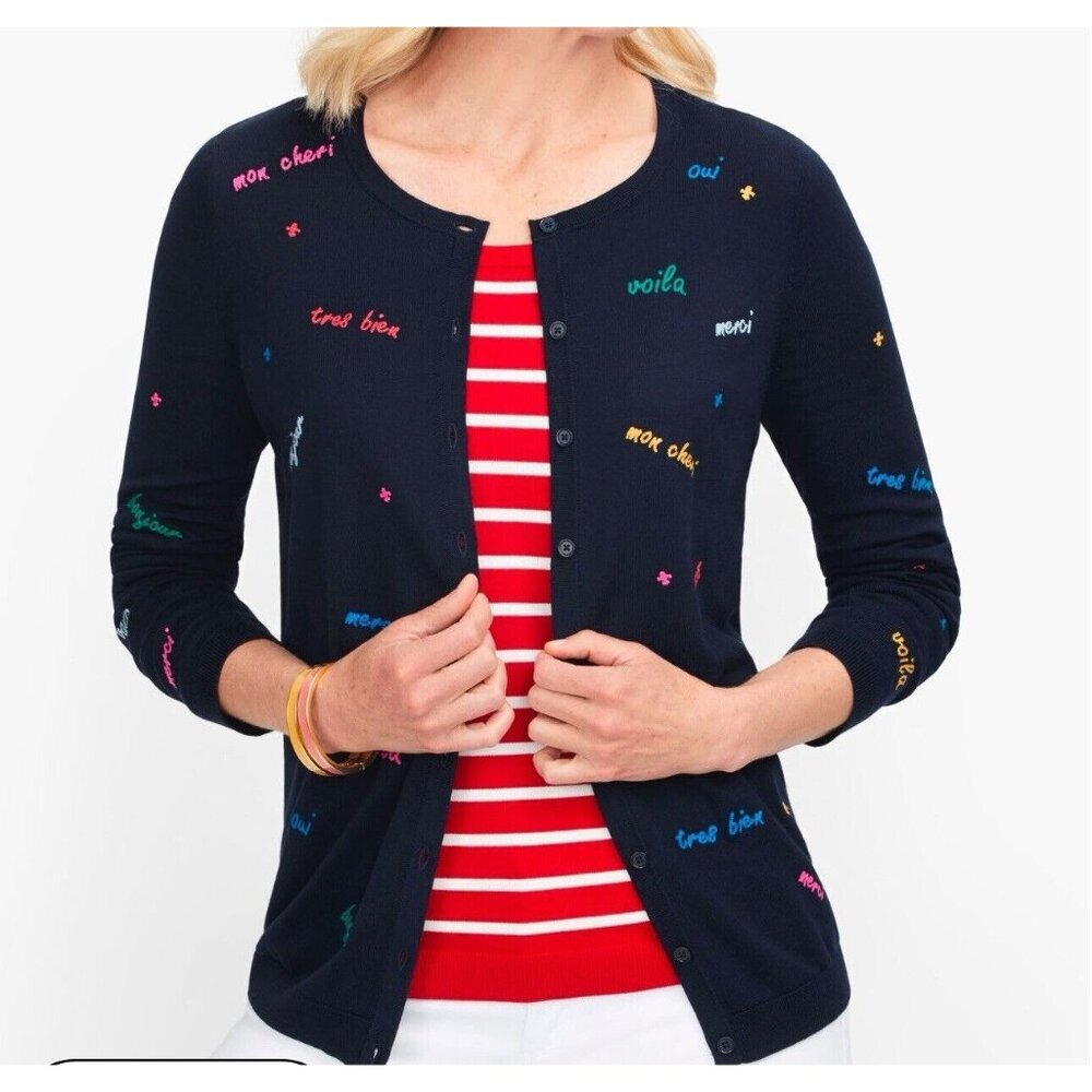 Talbots Charming Embroidered Cardigan Sweater Button Front Cotton Blend Sz M